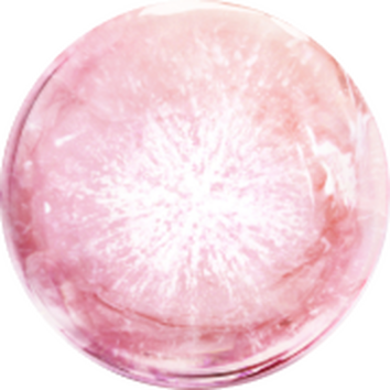 Een glanzende, roze glazen bol met een sprankelende, etherische uitstraling in het midden.