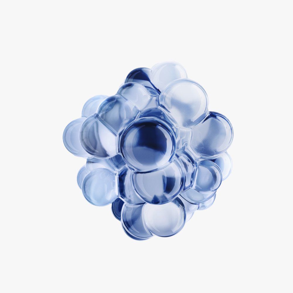 Modele 3D d'une molecule avec des spheres transparentes et bleutees, symbolisant des interactions chimiques.