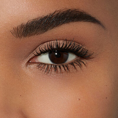 Close-up of a woman's eye with long eyelashes and well-groomed eyebrows, showcasing a natural makeup look.
