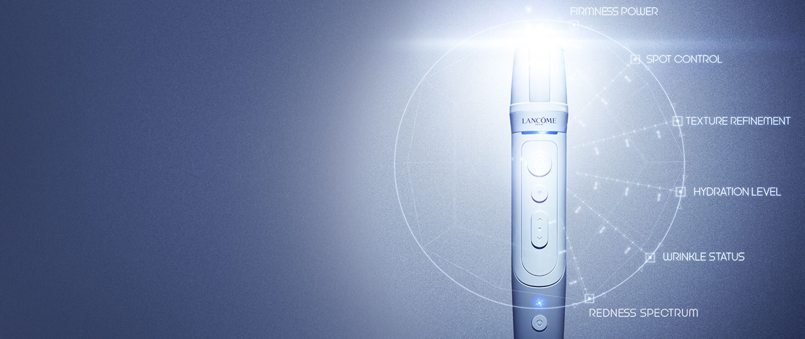 Image d'un appareil de soin de la peau Lancome, avec un eclairage lumineux et des indicateurs pour la puissance, le controle des taches, le raffinement de la texture, le niveau d'hydratation, l'etat des rides et le spectre de rougeur.