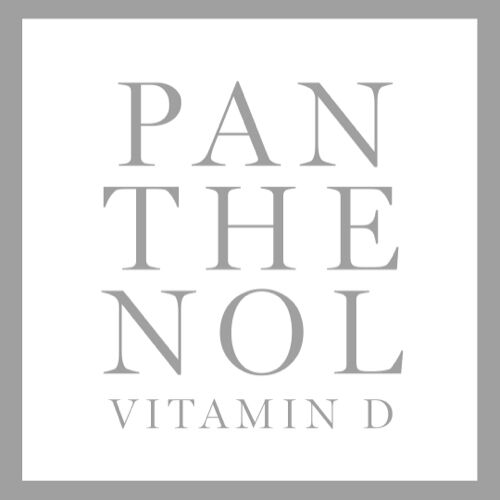 Logo featuring the words "Panthenol" and "Vitamin D" in a minimalist, modern font. The text is in a light gray color against a white background, framed by a gray square.