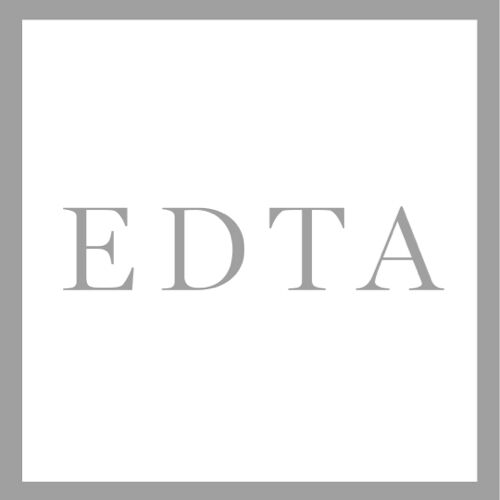 A minimalist logo featuring the letters "EDTA" in a light gray font centered within a square border.