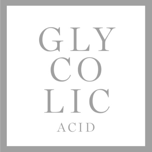 A minimalist graphic featuring the words "GLYCOLIC" and "ACID" in large, gray letters on a white background, framed by a gray border.