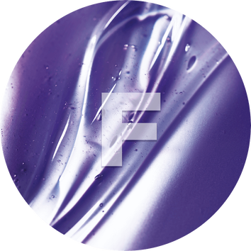 Texture fluide et scintillante de couleur violette, avec un grand 'F' blanc au centre, sur fond circulaire.
