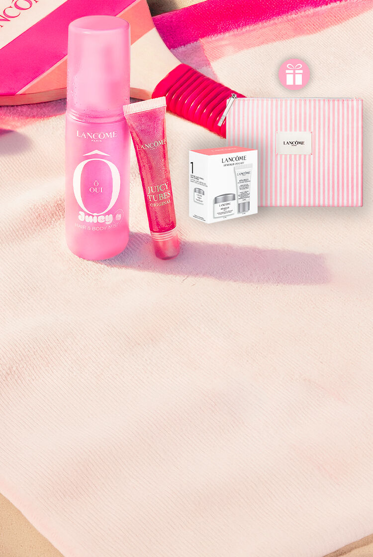 Zomerse Les O en Mists of Lancome banner met een pouch cadeau bij elke bestelling en een extra skincare set vanaf €129. Geldig tot en met 01/07/2026.