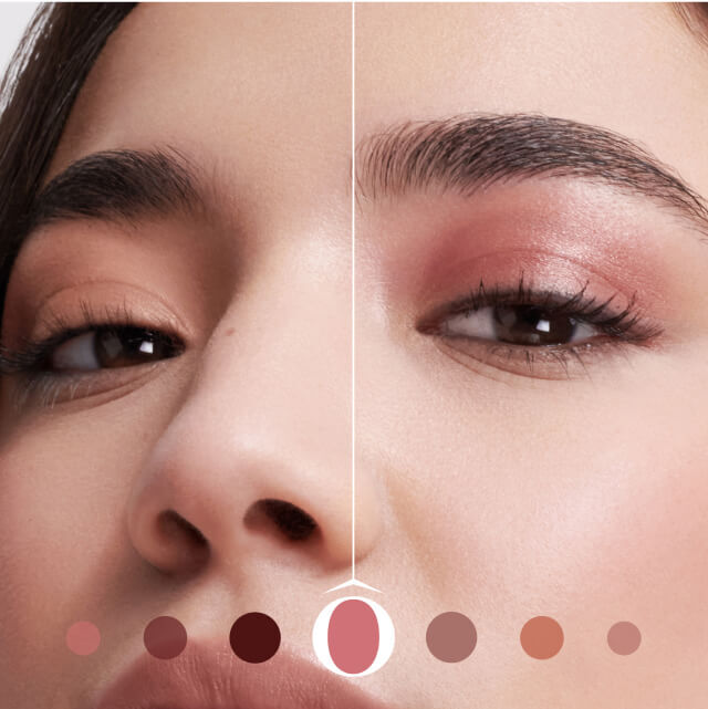 Een close-up van een vrouw met een subtiele make-uplook, met een focus op haar ogen. Onder de afbeelding zijn verschillende tinten kleuren weergegeven.