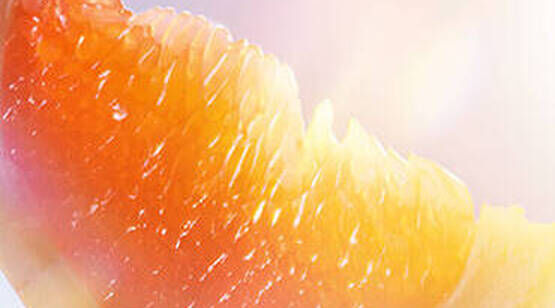 Close-up of a sliced peach with a soft, fuzzy texture and vibrant orange and yellow hues, illuminated by soft light.