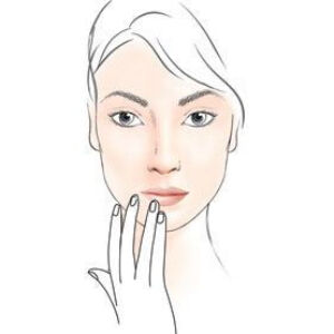 Illustration d'un visage feminin avec des traits delicats, mettant en avant des yeux clairs et une main posee sur le menton.