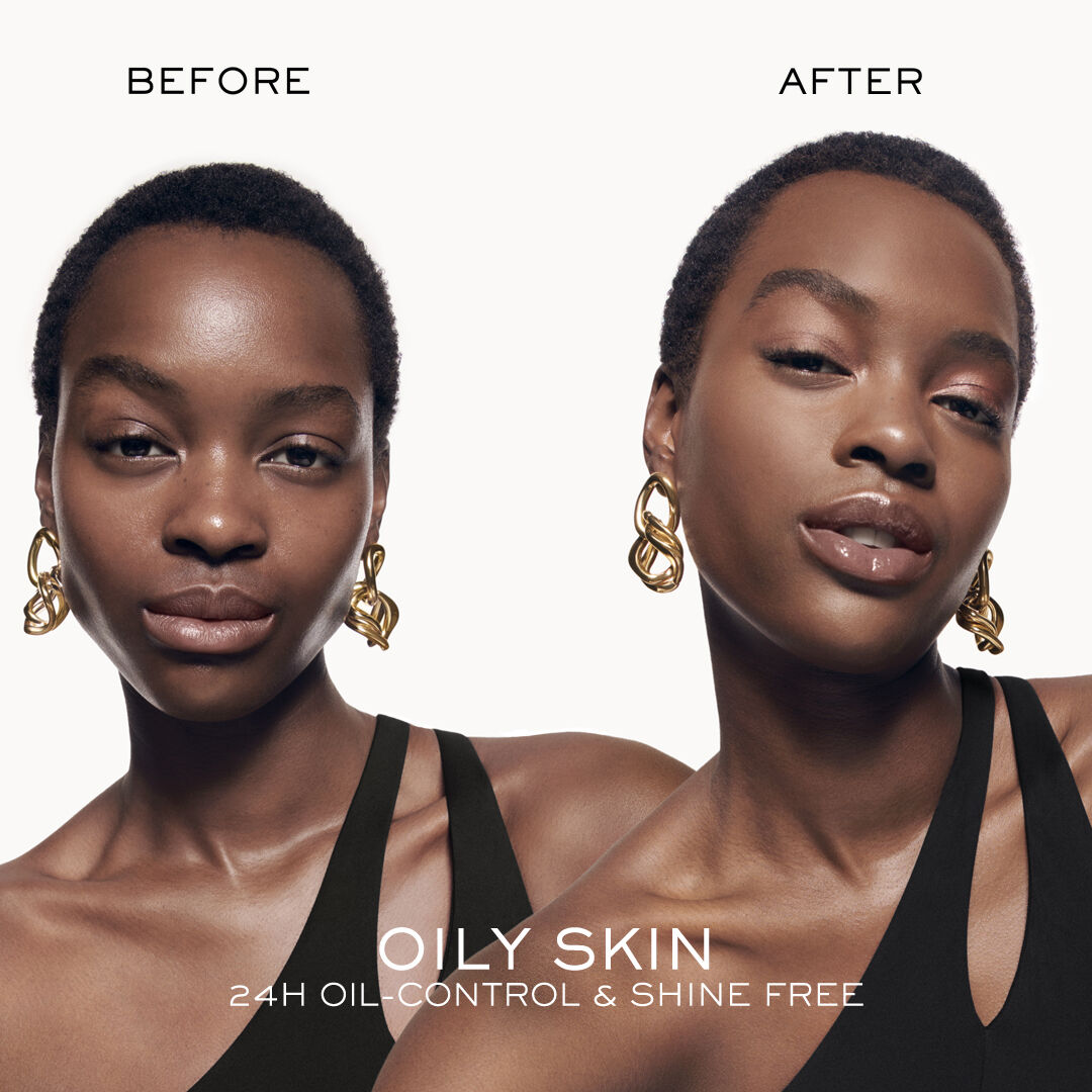 Een afbeelding met twee delen: aan de linkerkant een vrouw met een glanzende huid voor het gebruik van een product, en aan de rechterkant dezelfde vrouw met een matte huid erna, met de tekst "OILY SKIN" en "24H OIL-CONTROL & SHINE FREE" onder de afbeelding.