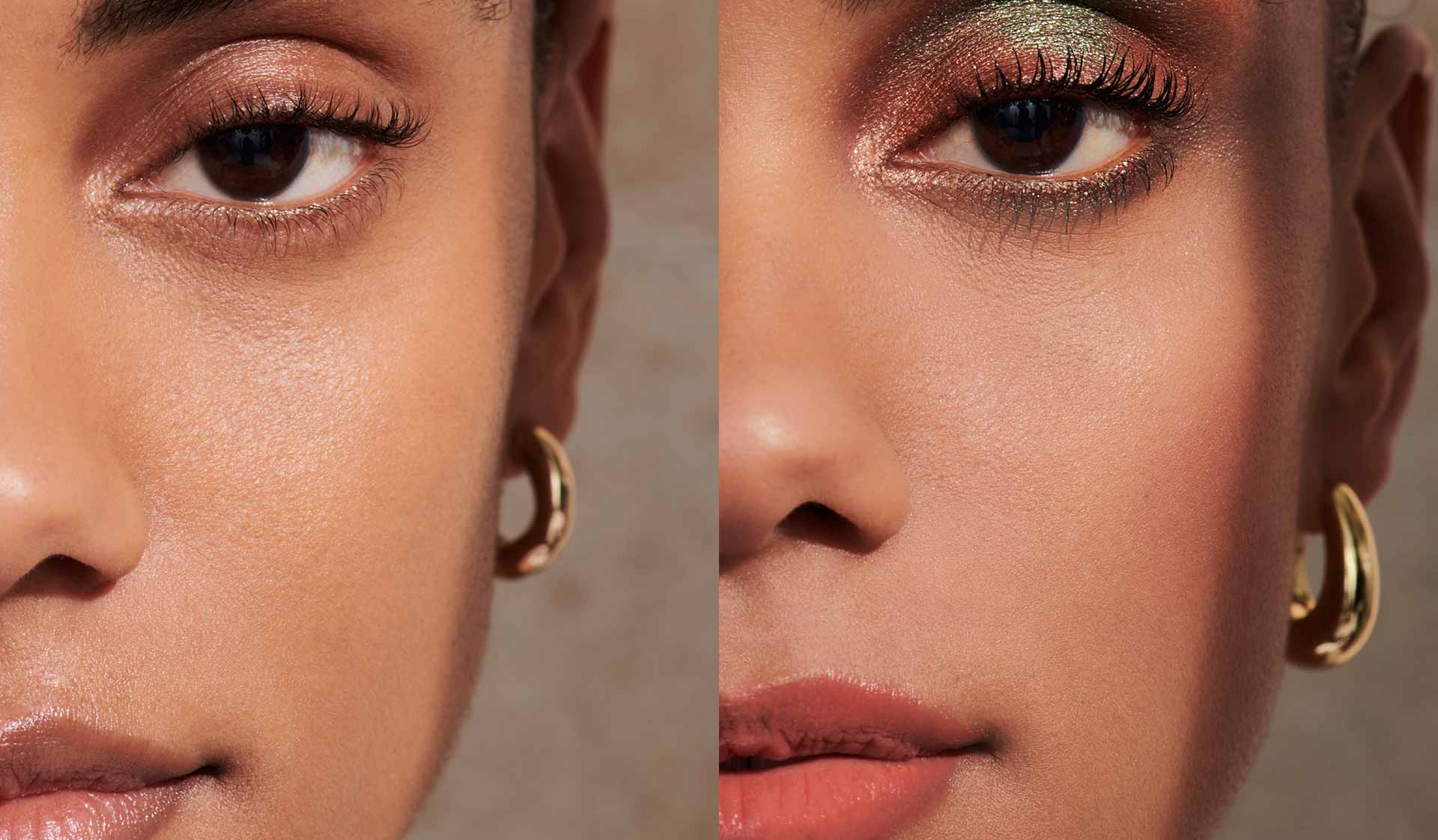 Twee close-ups van een gezicht, één met natuurlijke make-up en de andere met glinsterende oogschaduw en lipkleur.